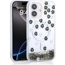 FLAMENKO iPhone 16 Uyumlu Kılıf Sıvılı Simli Baskılı Şeffaf Arka Yüzey Flmk Mossa Silikon Kapak-Siyah