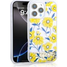 FLAMENKO iPhone 15 Pro Max Uyumlu Kılıf Sıvılı Simli Baskılı Şeffaf Arka Yüzey Flmk Mossa Silikon Kapak-Sarı