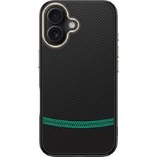 FLAMENKO iPhone 16 Plus Kılıf M-Safe Şarj Özellikli Karbon Fiber Görünümlü Flmk Antina Kapak - Siyah-Yeşil