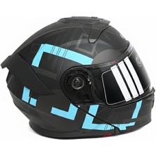 Casque Mat Siyah Mavi Grafik Desenli Çene Açılır Motosiklet Kaskı Ece Belgeli