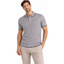 Erkek Düğmeli Yaka Triko Dokuma Tişört Desenli Yazlık Şık Günlük Triko Tişört - Gri