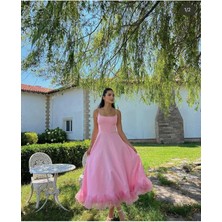 Moda Durağı Kaliteli Premium Kadın Eteği Tül Detaylı Askılı Midi Boy Abiye Premium Elbise Pembe