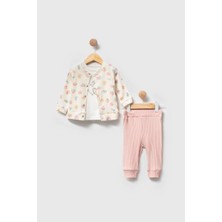 Bebeva Baby Kız Bebek Pembe Çiçek Desenli Ceket, Body ve Fitilli Pantolon 3'lü Kombin Takım