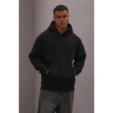 Tena Erkek Siyah Kapüşonlu Üç Iplik  Basic Sweatshirt