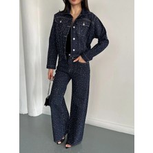 Moda Durağı Yoğun Taşlı Denim Ceket Pantolon Takım Lacivert