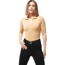 Zengezur Mall Hnrlishp Gömlek Yaka Yazlık Triko Bluz Bej (Beden: Standart)