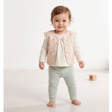 Bebeva Baby Kız Bebek Mint Çiçek Desenli Yelek, Body ve Fitilli Pantolon 3'lü Kombin Takım