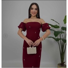 Moda Durağı Taş Detaylı Arkadan Yırtmaçlı Kaliteli Elbise Bordo