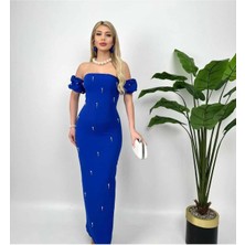 Moda Durağı Taş Detaylı Arkadan Yırtmaçlı Kaliteli Elbise Sax