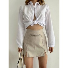 Zengezur Mall Hnrlishp Zincir Detaylı Çizgili Şort  Bej (Beden: S)