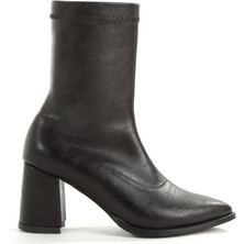 Rella Siyah Streç Sivri Burun Kalın Topuklu Fermuarlı Şık Kadın Bilek Bot