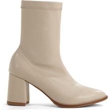 Rella Bej Streç Sivri Burun Kalın Topuklu Fermuarlı Şık Kadın Bilek Bot