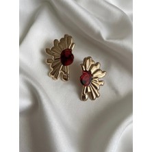 Bordo Taş Gold Çiçek Küpe