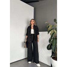 Qimya Butik Egzotik Asortik Kadın V Yaka Iri Cebi Çıt Çıt Detaylı Bel Arkası Lastikli Pantolonlu Ince Gömlek & Pantolon Ikili Takım