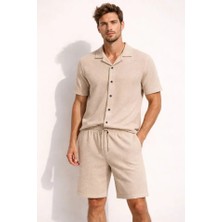 Serac Collection Erkek Waffle Kumaş Kısa Kollu Gömlek Şort Takım Regular Fit Yazlık Ikili Set - Bej