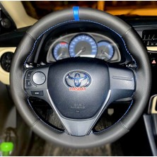 Hasbay Dikişli Direksiyon Kılıfı Nokta Siyah Deri Mavi Yüzük / Dikiş Toyota Corolla 2002-2026 Arası
