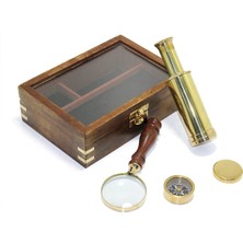 Özbience Ahşap Kutulu Pirinç Dürbün ve Büyüteç Seti, Doğa Keşfi Için Ideal