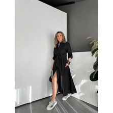 Qimya Butik Egzotik Asortik Kadın Cep Kapakları Fistolu Kuşaklı Cepli Katlamalı Uzun Kollu Uzun Gömlek Elbise