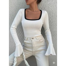 Zengezur Mall Hnrlishp Kare Yaka Garni Detay Ispanyol Kol Bluz Beyaz A3105 (Beden: M)