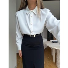 Qimya Butik Egzotik Asortik Kadın Kurdele Taş Detaylı Krep Şifon Uzun Kol Klasik Bluz