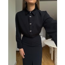 Qimya Butik Egzotik Asortik Kadın Kurdele Taş Detaylı Krep Şifon Uzun Kol Klasik Bluz