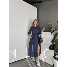 Qimya Butik Egzotik Asortik Kadın Cep Kapakları Fistolu Kuşaklı Cepli Katlamalı Uzun Kollu Uzun Gömlek Elbise