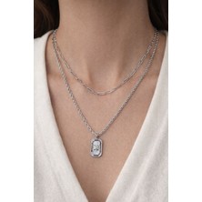 Liora Dünyası Kadın Gümüş Renk Çok Katmanlı Dikdörtgen Taşlı Paslanmaz Çelik Kolye Trend Zincir Kolye