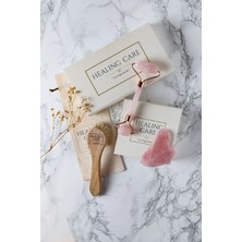 Macgon 3'lü Set Pembe Kuvars Roller Çift Taraflı, Pembe Kuvars Kalp Şekli Masaj Aleti, Yüz Fırçası