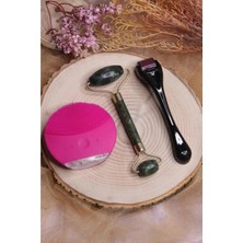 Macgon 3'lü Bakım Seti Dermaroller 1 mm  Fuşya Cilt Temizleme Aleti Yeşim Taşı Yüz Masaj