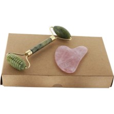 Macgon Tırtıklı Yeşim Face Roller ve Pembe Kuvars Kalp Gua Hsa Masaj Taşı Set