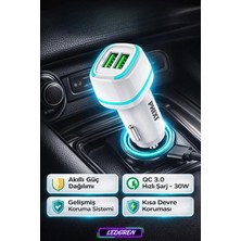 L'edoren Force QCC571 Çift Çıkışlı Araç Şarj Adaptörü 30W Hızlı Şarj 2 USB Girişli