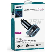 L'edoren Üç Çıkışlı Pd Destekli 75W Araç Şarj Adaptörü Çakmaklık Hızlı Şarj UPD4275 Phixi