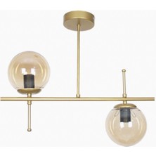 Allians Modern Çello Tasarımlı Metal Eskitme Gold Renk Bal Camlı Yemek Masası ve 2'li Avize