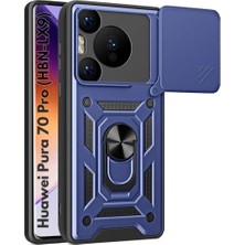 HANPORIUM Huawei Pura 70 Pro Uyumlu Tank Kılıf - Yüzüklü Standlı Extra Darbe Koruma Zırhlı Outdoor Kapak - Lacivert