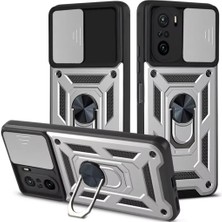 HANPORIUM Redmi K40 Uyumlu Tank Kılıf - Yüzüklü Standlı Extra Darbe Koruma Zırhlı Outdoor Kapak - Gri
