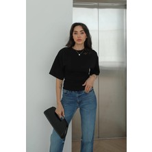 Havoş Siyah Yanları Büzgülü Tişört