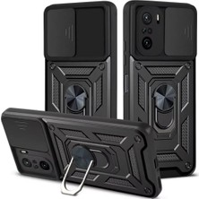 HANPORIUM Poco F3 Uyumlu Tank Kılıf - Yüzüklü Standlı Extra Darbe Koruma Zırhlı Outdoor Kapak - Siyah