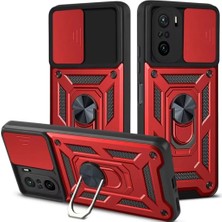 HANPORIUM Poco F3 Uyumlu Tank Kılıf - Yüzüklü Standlı Extra Darbe Koruma Zırhlı Outdoor Kapak - Kırmızı
