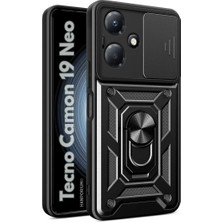 HANPORIUM Tecno Camon 19 Neo Uyumlu Tank Kılıf - Yüzüklü Standlı Extra Darbe Koruma Zırhlı Outdoor Kapak - Siyah