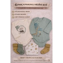Minisoft Safari Desenli 6 Parça Pamuklu Bebek Hediye Seti – 2'li Body, Çorap ve Mendil (0-9 Ay)