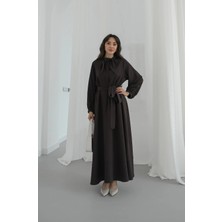 Havoş Acı Kahve Yakası Fular Detaylı Kuşaklı Elbise