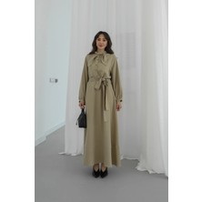 Havoş Haki Yakası Fular Detaylı Kuşaklı Elbise