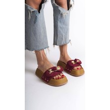 Joy Ayakkabı Dıla Kalın ve Ortopedik Taban Ayıcıklı Saten Kadın Terlik  Skt - Bordo