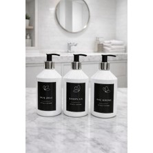 AY&ÇA Home 3'lü Beyaz Gümüş Detaylı Plastik 500 ml Banyo Seti Şampuan, Saç Kremi ve Duş Jeli Etiketli