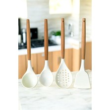 Sedoa Silikon Bambu Saplı 4 Parça Mutfak Servis Seti Kremrengi (Kepçe-Kaşık-Kevgir-Spatula)