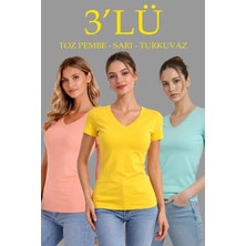 Gökyüzü Moda 3lü V Yaka Tişört – Kısa Kollu Yazlık Slim Fit Body - Toz Pembe, Sarı, Turkuvaz