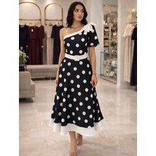Kendim Fashion Kadın Omuz Dekolteli Fiyonk ve Puantiye Detay Maxi Boy Elbise