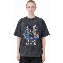 Sevbano Tasarım Demon Slayer Kimetsu No Yaiba Anime Baskılı Unisex Oversize Eskitme Yıkamalı Tişört