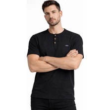 Alfanora Erkek Waffle Dokulu Likralı Henley Yaka Düğmeli Regular Fit Kısa Kollu T-Shirt - Siyah