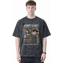 Sevbano Tasarım Monkey D. Luffy One Piece Anime Baskılı Unisex Oversize Eskitme Yıkamalı Tişört